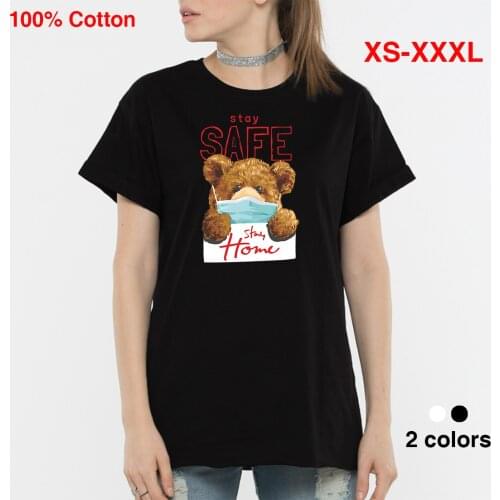 BLINGPAW Teddy Bear Stay Safe Stay Home Letter Print T-shirt White Black Cotton Unisex Top&Tees Summer Custom Tee Shirts