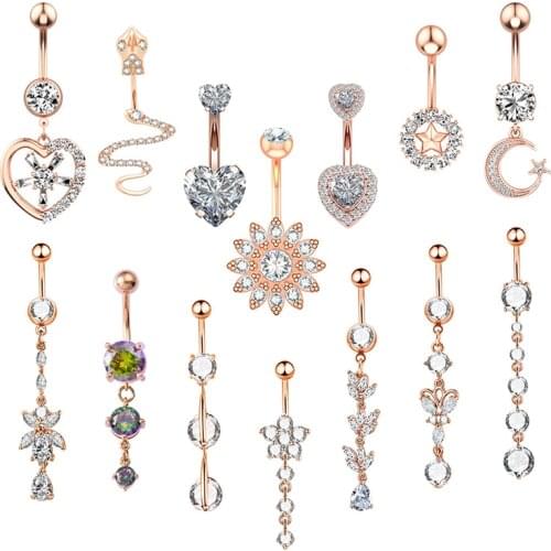 1PC 14G Dangle Belly Button Rings Women Girls 316L Surgical Steel Navel Ring Barbell Snake Heart Flower Body Jewelry Piercing