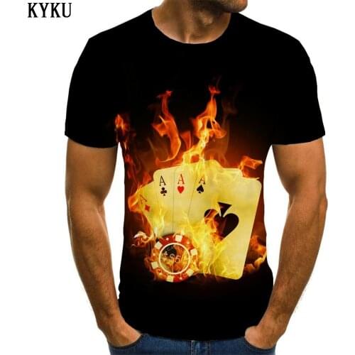 KYKU Playing Cards T shirt Men Flame Funny T shirts Gambling Shirt Print Mens Clothing T shirts Cool Male O-Neck