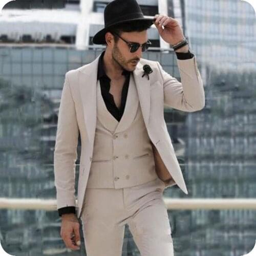 New Fashion Khaki Men Suits for Business Classic Wedding Groom Tuxedo Peaked Lapel Slim Terno Masculino 3Piece Coat Pants Vest
