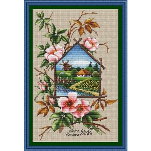 Summer House-Pink Rose 38-53 Cross Stitch Set Cross-stitch Kit Embroidery Needlework Craft Packages Cotton Fabric Floss