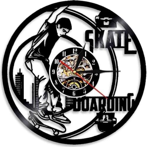 Skate Boarding Skateboard Decorative Vinyl Record Wall Clock Skateboarder Silhouette LP Wall Watch Wall Hanging Decor Wall Watch
