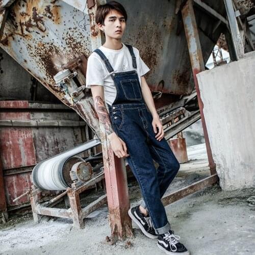 2021 New Mens Harajuku Denim Overalls Mens Korean Version of the Self-cultivation feet Stretch jeans Strap Blue Trousers