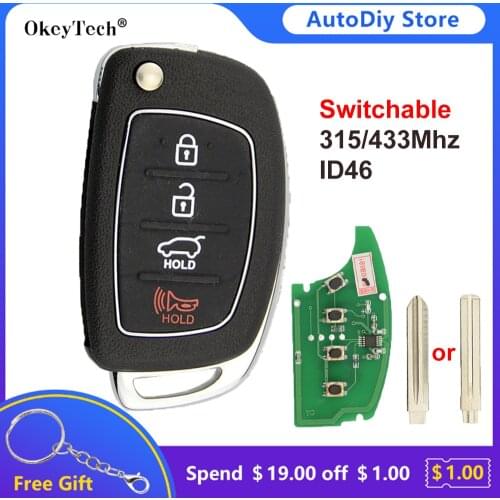 Okeytech Switchable 315/433Mhz 4 Button Flip Remote Control Auto Car Key ID46 Chip For Hyundai Mistra Elantra Accent I30I35 IX45