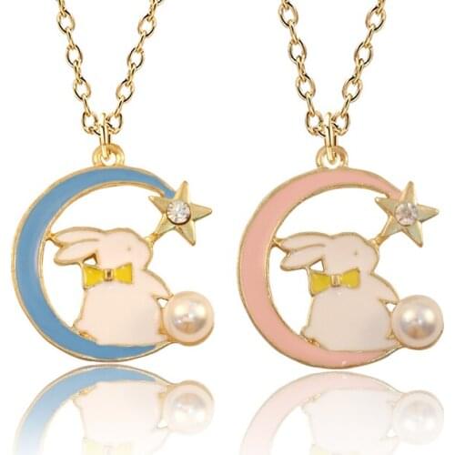 Fashion Latest Animal Rabbit Style Cute Girl Pendant Necklace Blue Pink Two-Color Optional Jewelry Holiday Gift Direct