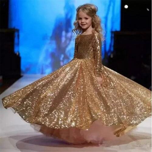 Flower Girl Dress Gold Sequined Kids Long Sleeve O-neck A-line Floor Length For Wedding Party Princess Dress