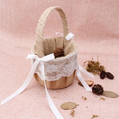 Romantic Bowknot Burlap Satin Wedding Ceremony Party Rose Flower Girl Basket