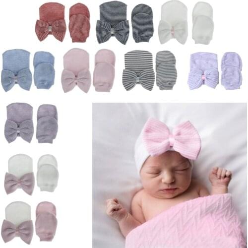 Newborn Baby Hat and Mitten Set Hospital Knit Hat Cap with Big Bow Soft Cute Knot Nursery Beanie Hat