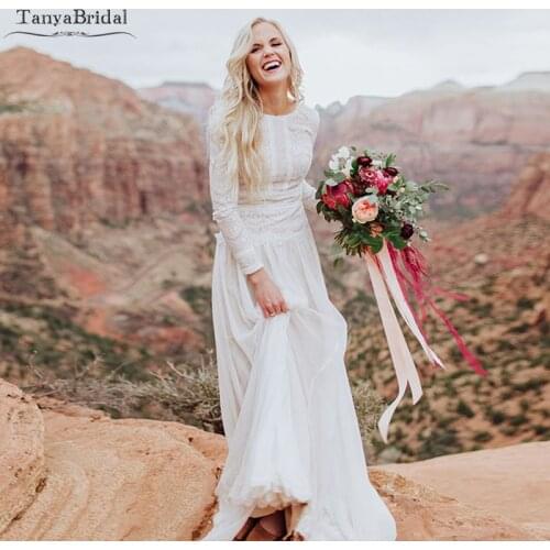 Long Sleeve Lace Chiffon Wedding Dresses Bohemian Vintage Bridal Gowns Romantic Love Robe de soiree DW055