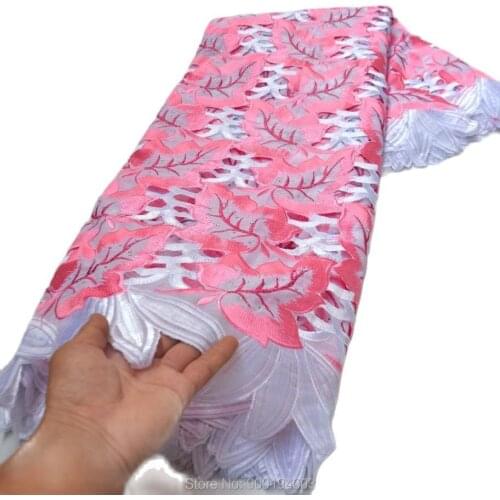High quality big pink wedding lace handcut African Fabric with stones 5 Yards embroidery Swiss Voile Lace-N88141