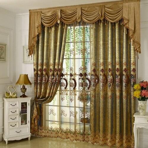 Advanced style European Peony Pattern flower Curtains Hot Selling Sheer Valances Home Decor brown Curtains for living room home