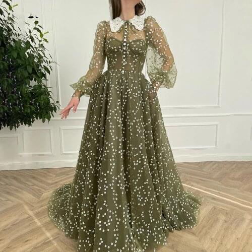 Green Daisy Tulle Prom Dresses Long Sleeves A-Line Buttoned Prom Gowns with Pockets Wedding Party Dresses 2021 robes de soirée