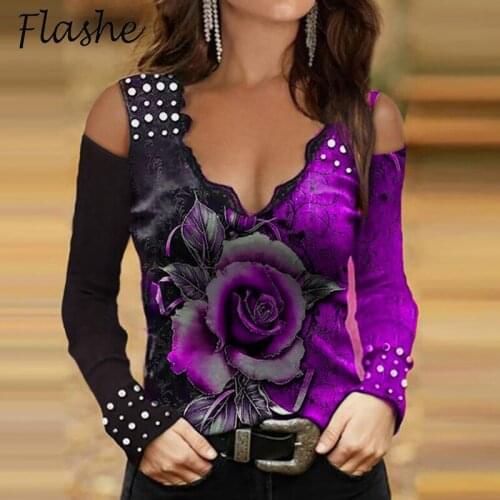 Ladies T-shirt Summer Sexy V-neck Long Sleeve Flower Printed T-shirt Top Fashion Casual Loose Top Shirts Plus Size Streetwear