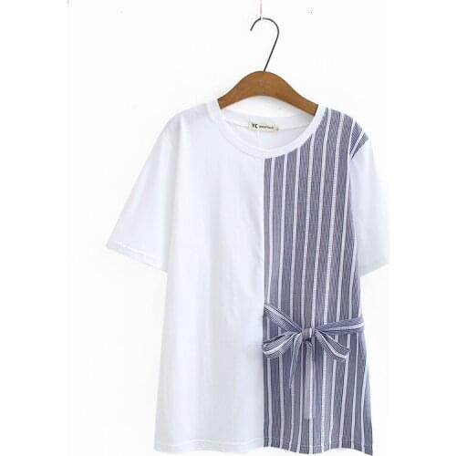 Plus size striped patchwork cotton women loose tshirts 2020 new summer causl ladies O neck t shirts female tops t-shirts