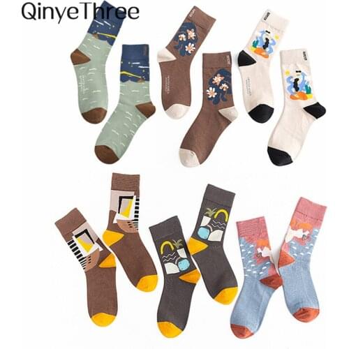 1 Pair New Crew Socks Women Cotton Cool Contrasting Color Graffiti Character Streetwear Illustration Comics Preppy Style Female