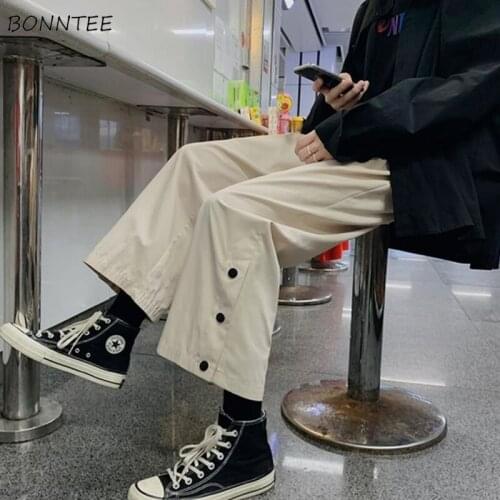 Women Casual Pants Wide Leg Button Side-slit Ankle Length Loose Designer Stylish Ulzzang High Quality Outdoor Females Daily Hot