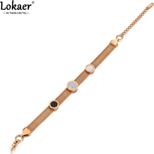 Lokaer Titanium Stainless Steel Black/White Acrylic Shell Chain & Link Bracelets For Women Vintage Roman Numeral Bracelet B21047