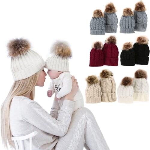 1pc Hats For Baby or Mom Winter Warm Raccoon Fur Hats Daughter Mommy Beanie Caps Children Women Cotton Knitted Hats