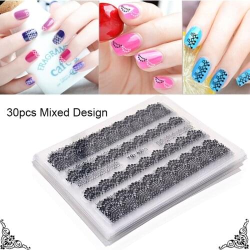 30 PCS Mixed Design Black White Lace 3d Nail Art Stickers Adhesive Nail Art Tips Decoration Accessories DIY Nail Beauty Tools