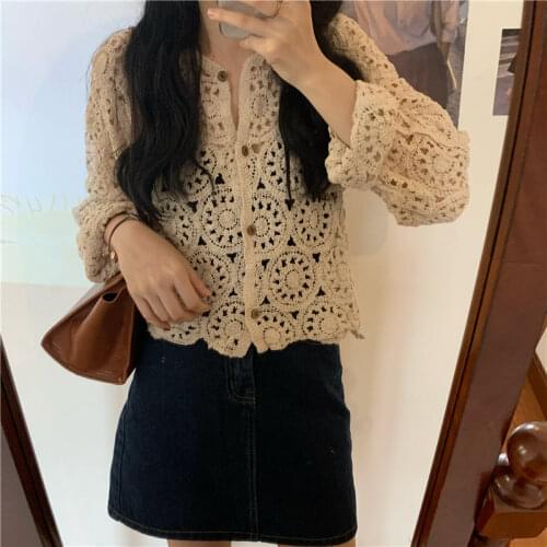 Hollow Out Full Sleeves Hook Flowers Stylish Cardigans Thin Vintage Women New Lace Sweet Korean Lady Chic Blouses Sweet Tops