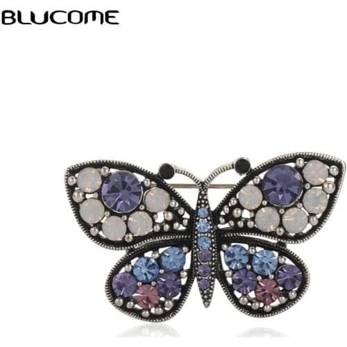 Blucome Vintage Blue Butterfly Brooch Badge Crystal Rhinestone Animal Insect Sweater Corsage Women Girl Brooches Lapel Hijab Pin