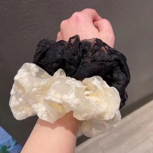 Black White Color Japan Fashion Embroidery Hair Scrunches Organza Mesh Sakura Scrunchies Big Size Hair Rope Ponytail Ties