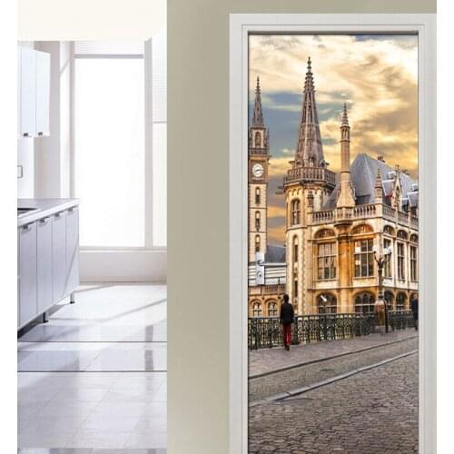European City Street View 3D Bedroom Parlor Door Sticker Wall Stickers Home Decor PVC Self-adhesive Waterproof Sticker Wallpaper