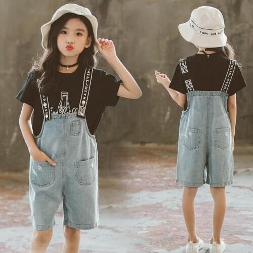 2Pcs Girls Summer Clothes Set 2020 Kids Clothing Tracksuit Girl Casual Costume For Children 8 12 Year Teen Tops+Denim Jumpsuit