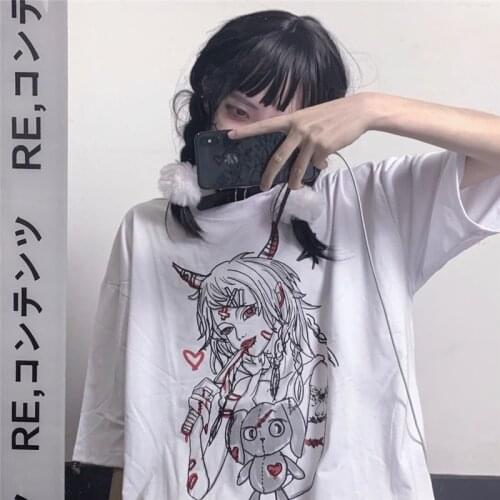 Korean Y2K Anime Cartoon Print Kpop Punk Ulzzang Tees Vintage Gothic Harajuku Loose Tops Hip Hop Street T-Shirts Women Clothes