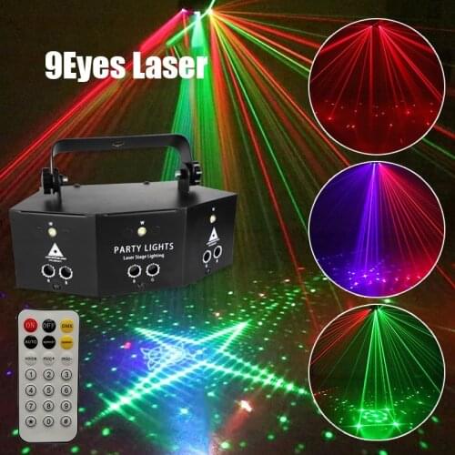 9 Eyes DJ RGB Laser Strobe 2 In 1 Light Remote Control Image Lines Beam Scans Dance Bar Home Party Disco Effect Lighting