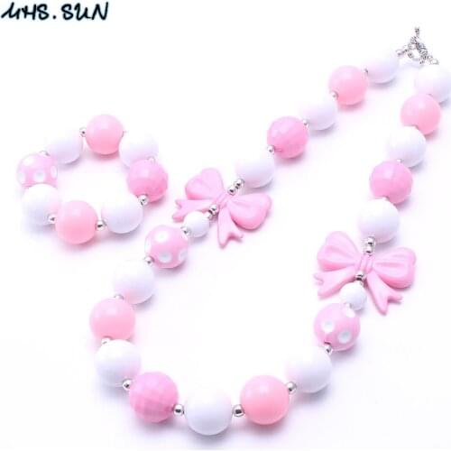 MHS.SUN Cute Design Girls Chunky Beads Necklace Bracelets Set Adorable Baby Chunky Bubblegum Jewelry Set Handmade Party Gifts