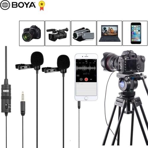 BOYA BY-M1DM 4m Dual-Head Lavalier Lapel Clip-on Microphone with 1/8" Stereo Connector for DSLR Camera IOS Device live Interview