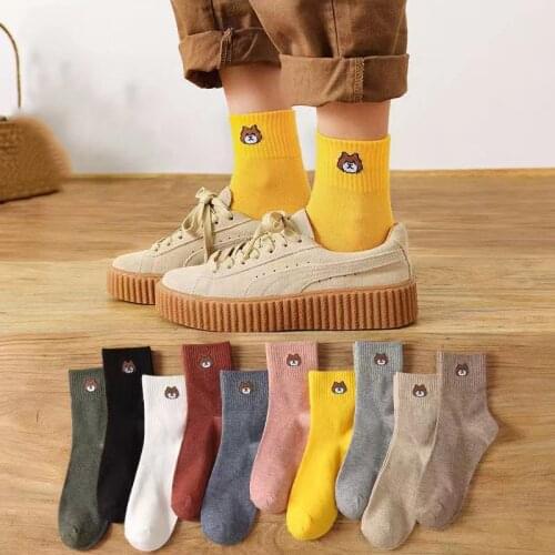 5 Pairs/Set Casual Woman Socks Cartoon Bear Printed Children Medium Sock Korean Style Women Sweat Absorbing Sock Cute Socks