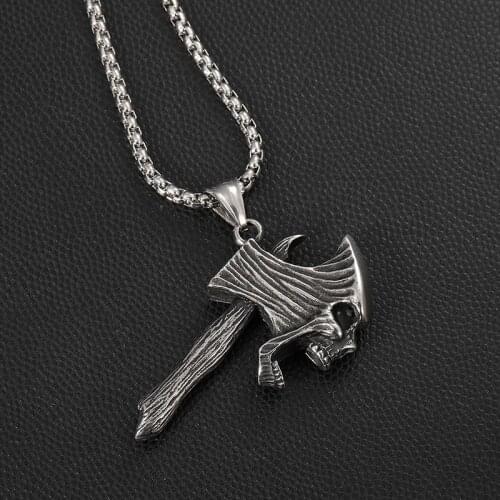 New Arrival Stainless Steel Iron Color Skull Axe Pendant Necklace as men gift with keel chain