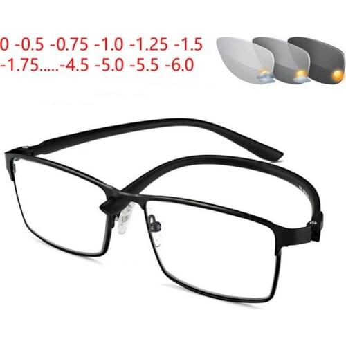 Resin Lens Discoloration Myopia Glasses Finished Ultralight Metal Square Prescriptio Spectacle Diopter 0 -0.5 -0.75 -1.0 To -6