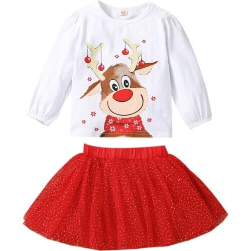 OPPERIAYA Baby Girl Christmas Cotton Clothes Casual Set Deer Print Long Sleeve O-neck Elk Print Tops Dot Print Short Tulle Skirt
