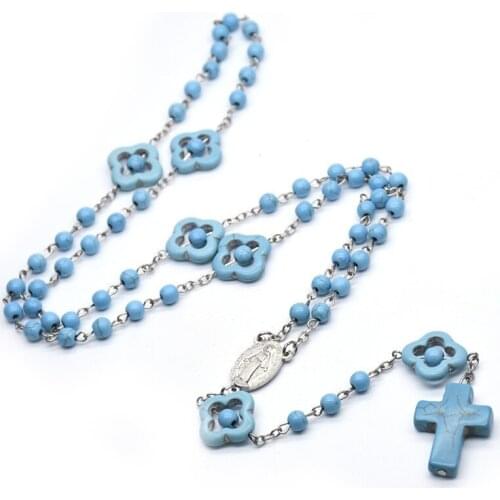 Blue Religious Catholic Religious Orthodox Rosary Turquoises Necklace Praying Necklace Cross Pendant