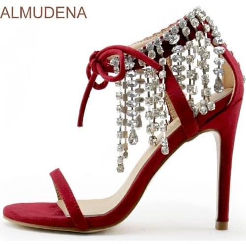 ALMUDENA Sexy Red Suede Bling Bling Crystal Sandals Lace-up Stiletto Heel Shoes Glittering Fringe Rhinestone Pumps Single Strap