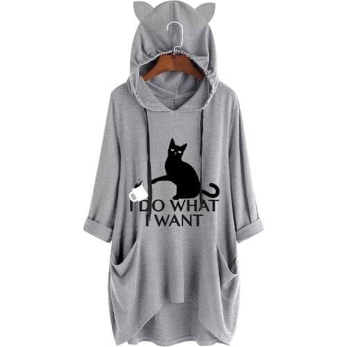 Plus Size Casual Irregular Loose Hoodie Women Fashion Animals Print Hooded Sweatshirt Femme Autumn 3/4 Sleeve Pockets Tops&Tees