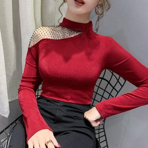 Sexy hollow out one shoulder women t shirts fashion rhinestones bead work tops lady hollow out tops