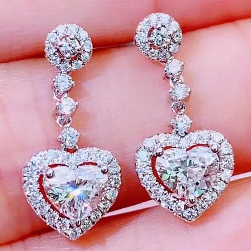 14K White Gold Drop Stud Earrings Women Present Wedding Anniversary Engagement Party 0.5 1 2 3 Carat Heart Moissanite Diamond