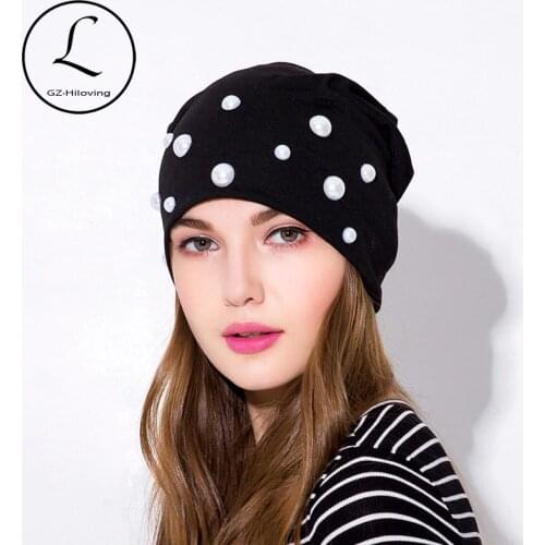Fashion Soft Women Pearls Beads Cotton Beanies Hat Caps 2020 New Spring Thin Slouch Polyester Stretch Baggy Hats Bonnet Femme