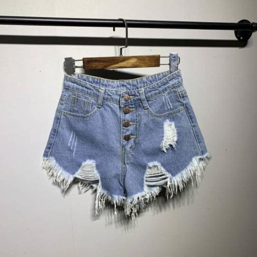 Korea Fashion Summer Women Jean Shorts Plus Size Button High Waist Loose Casual Sexy Hole Denim Shorts Tassel Hot Shorts D214