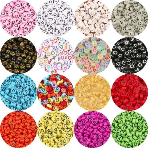 Mixed Heart Star Pattern Acrylic Beads Loose Spacer Flat Round Beads for Jewelry Making DIY Kids Bracelets Necklace 7x4mm
