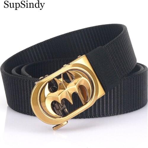 SupSindy New Man nylon belt luxury gold Bat metal automatic buckle Canvas Belts for men fashion jeans Waistband black male strap