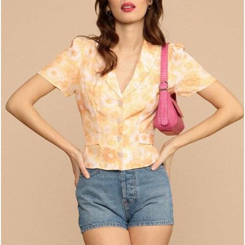 Womens Tops Blouses 2021 Lapel V Neck Short Sleeve Button Up Tie Waist Slim Elegant Vintage Sunflower Floral Print Shirt Women