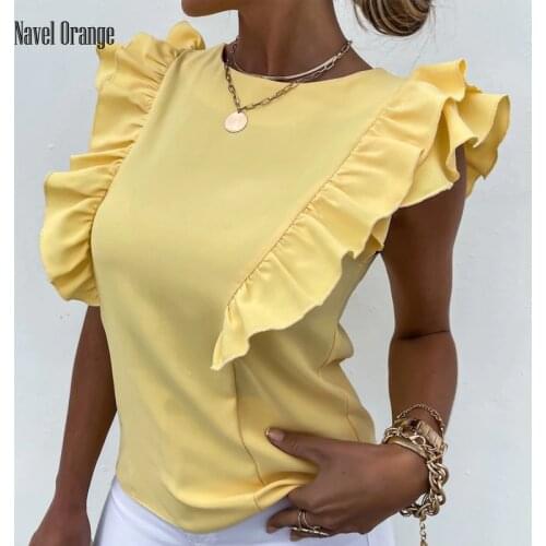 Summer O-Neck Ruffle Butterfly Sleeve Top Blouse Casual Solid Ladies Shirt Women Loose Pullover Streetwear Elegant T Shirt Mujer