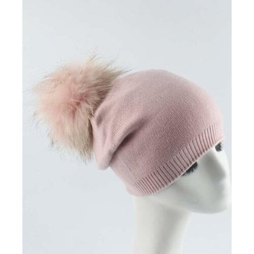 Pompom Hat Women Winter Knit Beanie Wool Real Raccoon Fur Skiing Warm Outdoor Accessory For Girl Teenagers Luxury