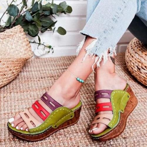 Womens Slippers Summer New Fashion Thick Sole Slope Heel Color Matching Sandals European American Plus Size Leisure Slippers
