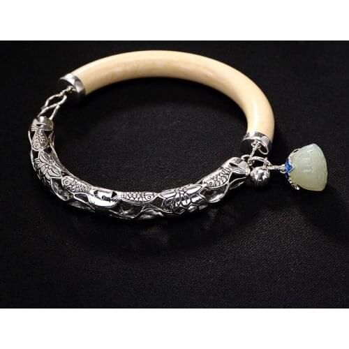 Real 925 Sterling Silver Nature Jade Lotus Bangles for Women Asymmetrical Charms Bracelet Hollow Ivory Nut Thick Bangle Jewelry